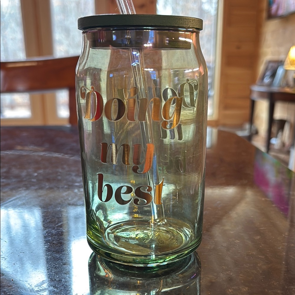 Green Glass Tumbler with Straw